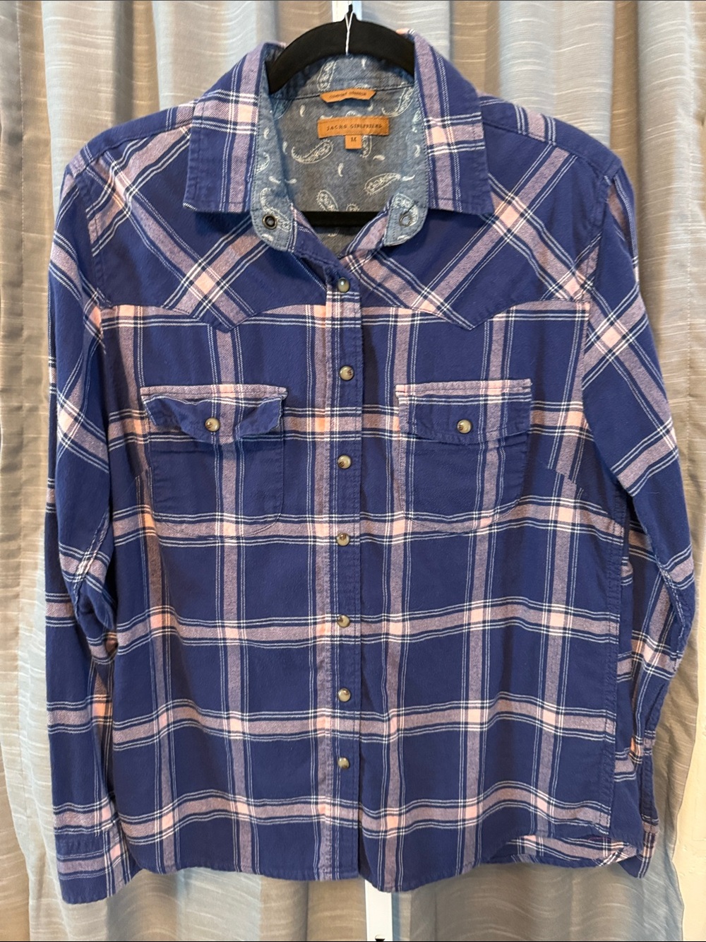 JACHS Girlfriend Navy Blue and Light Pink Plaid Snap-Front Shirt